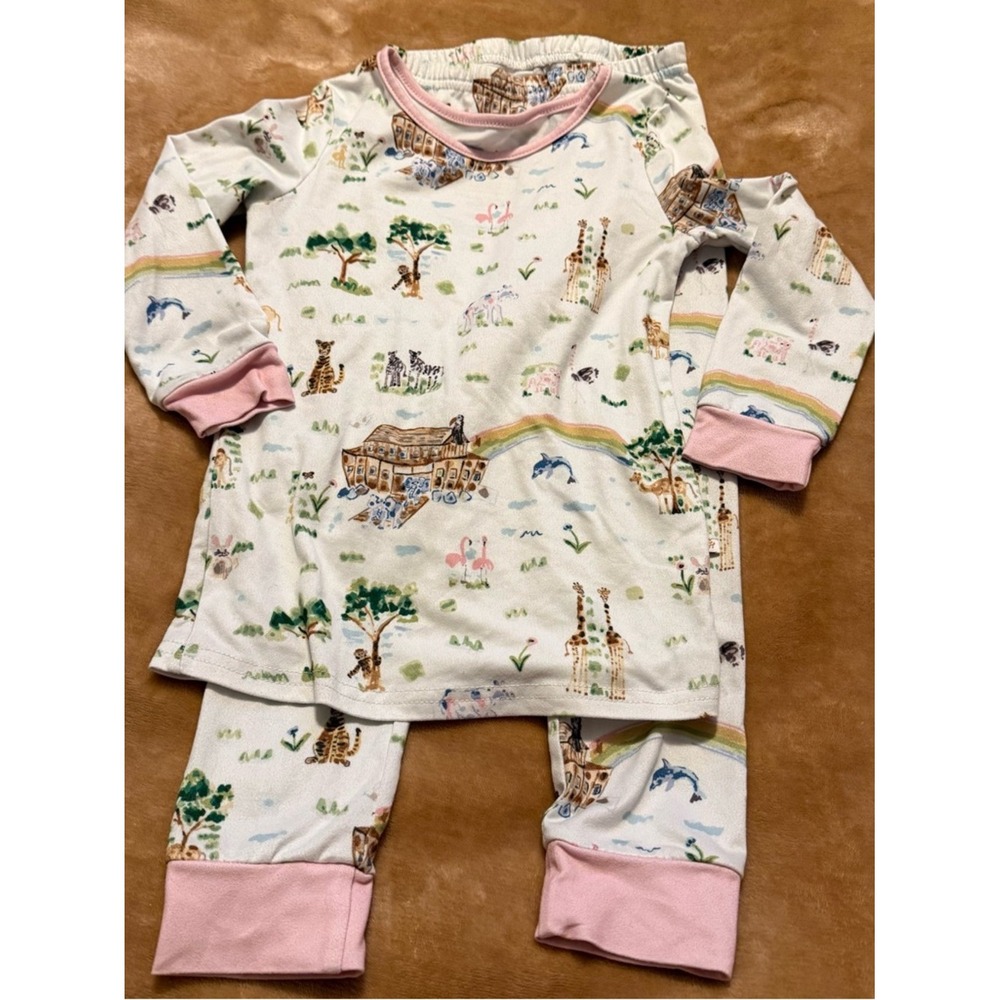 SweetHoney Kids Noahs Ark Pajama Set 4T Pink Trim Long Sleeve Snug Fit PJs